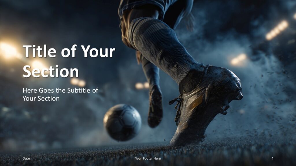 Impact Soccer PowerPoint Google Slides Section 1 Impact Soccer PowerPoint and Google Slides section divider with football action image, editable title, and subtitle.