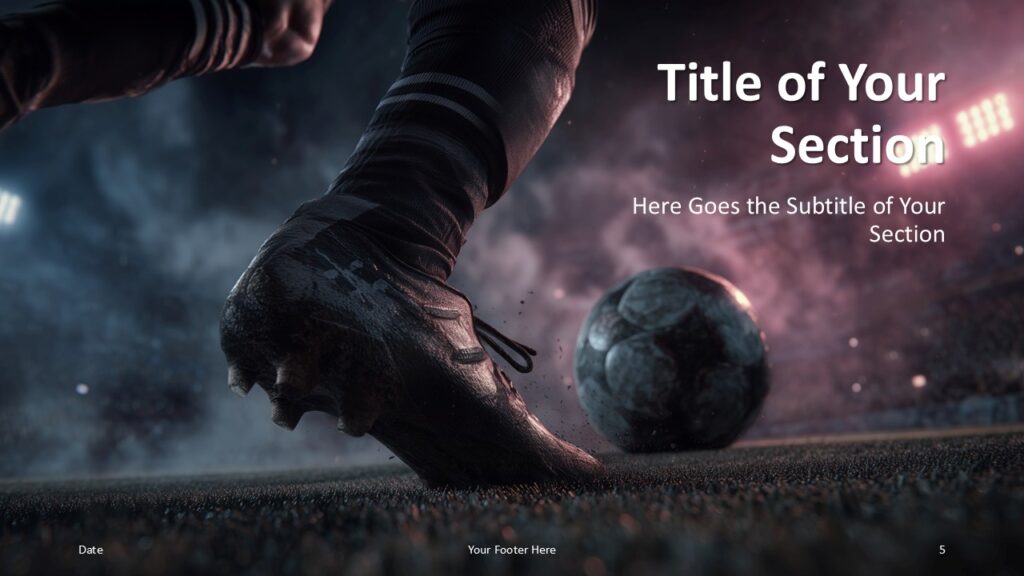 Impact Soccer PowerPoint Google Slides Section 2 Impact Soccer PowerPoint and Google Slides section divider with football scene, editable title, and subtitle.