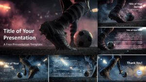 Impact Soccer PowerPoint and Google Slides template with 6 editable sports slides, football visuals, and bold layouts.