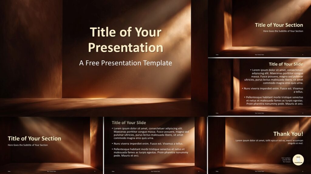 Light Path Illumination template for PowerPoint and Google Slides featuring all slides with warm lighting, elegant layouts, and modern design.