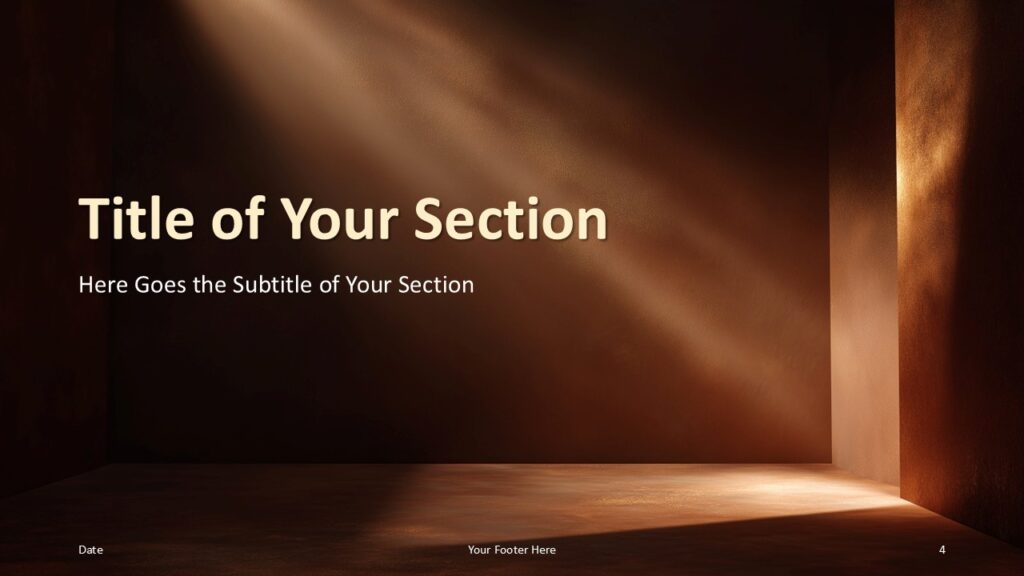 Light Path Section Divider PowerPoint Google Slides Light Path Illumination section divider slide for PowerPoint and Google Slides with bold title, warm lighting effects, and minimalist layout design.