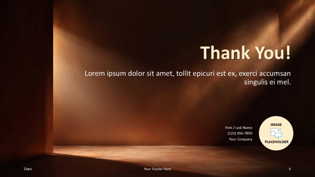 Light Path Thank You Slide PowerPoint Google Slides Light Path Illumination thank you slide for PowerPoint and Google Slides with contact details, image placeholder, and warm cinematic lighting design.