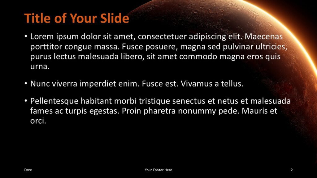 Mars Horizon Content 1 PowerPoint Google Slides Template Mars Horizon PowerPoint and Google Slides content slide with planet corner visual, bullets, and clean text space.