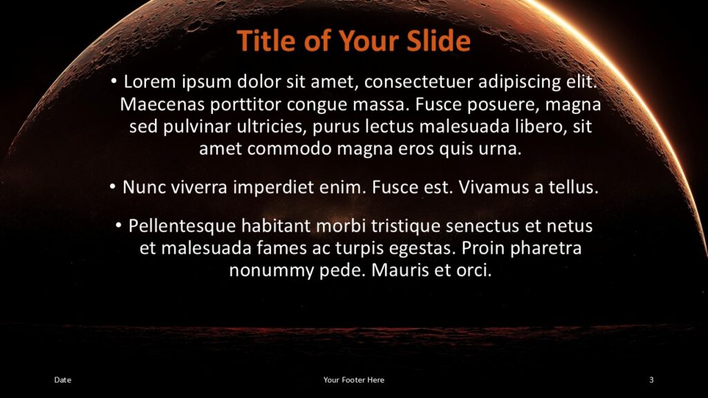 Mars Horizon Content 2 PowerPoint Google Slides Template Mars Horizon PowerPoint and Google Slides slide with centered text, planetary arc, and strong orange headings.