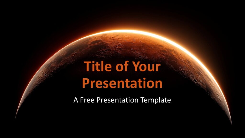 Mars Horizon Cover PowerPoint Google Slides Template Mars Horizon cover slide for PowerPoint and Google Slides with a glowing planet horizon and bold orange title.