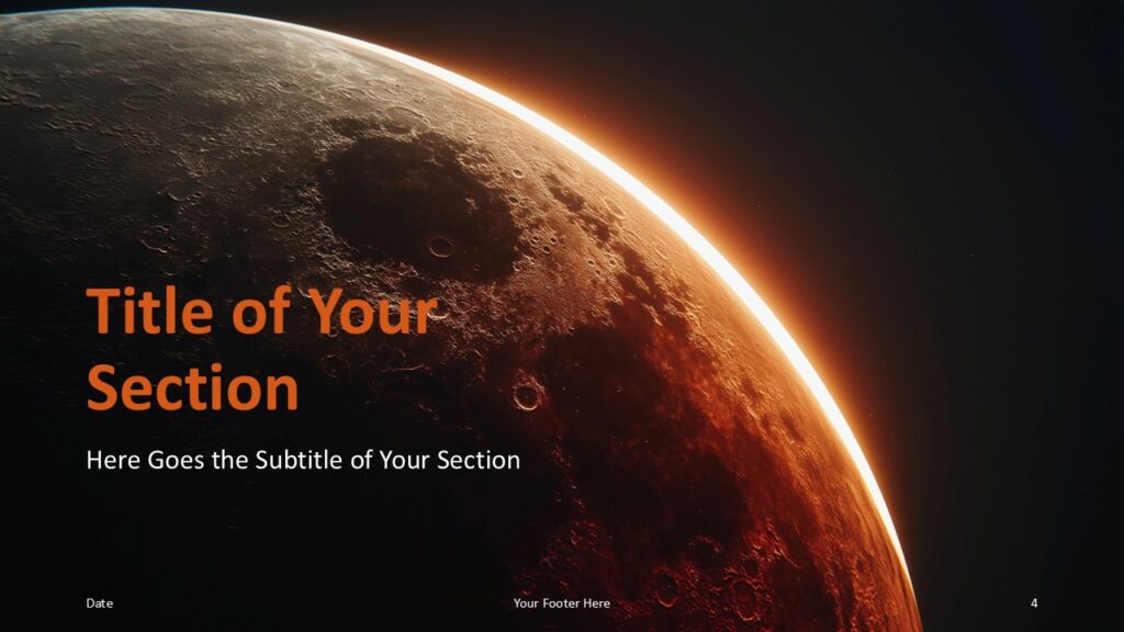 Mars Horizon Divider 1 PowerPoint Google Slides Template Mars Horizon PowerPoint and Google Slides divider slide with close planet texture and bold titles for clear section breaks.