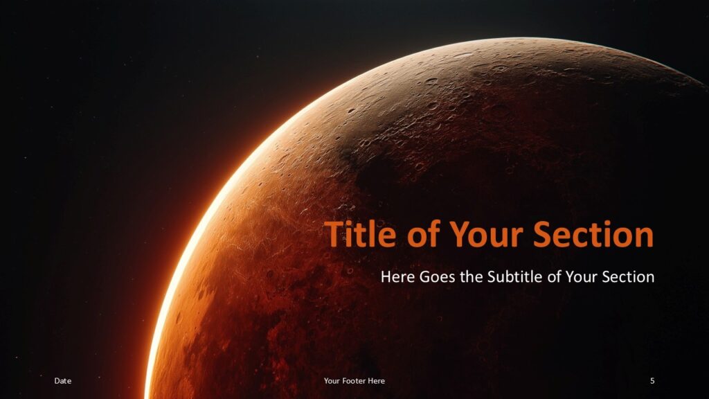 Mars Horizon Divider 2 PowerPoint Google Slides Template Mars Horizon PowerPoint and Google Slides divider slide with immersive planet view and orange title placement.