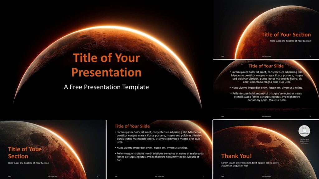 Mars Horizon PowerPoint and Google Slides template showing all slides with cinematic planet scenes and orange titles.