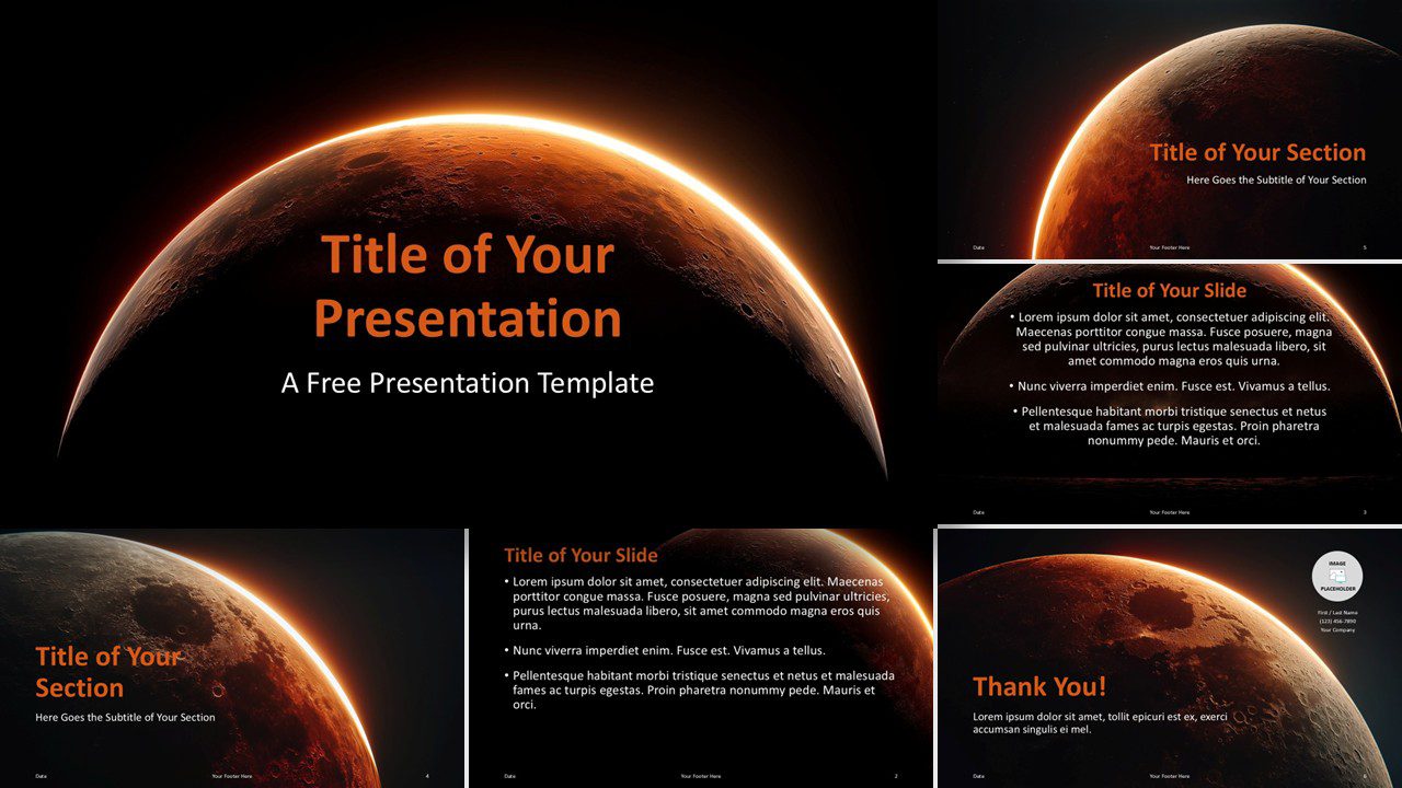 Mars Horizon PowerPoint and Google Slides template showing all slides with cinematic planet scenes and orange titles.