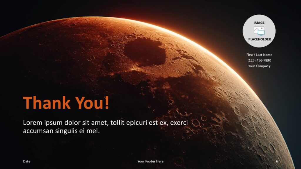 Mars Horizon Thank You PowerPoint Google Slides Template Mars Horizon thank you slide for PowerPoint and Google Slides with cinematic planet art and contact text area.