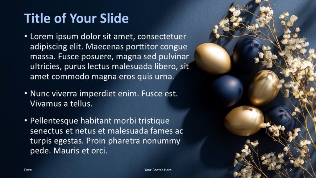 Midnight Easter Luxury Content PowerPoint Google Slides Midnight Easter luxury title and content slide for PowerPoint and Google Slides with left text layout and elegant navy and gold accents