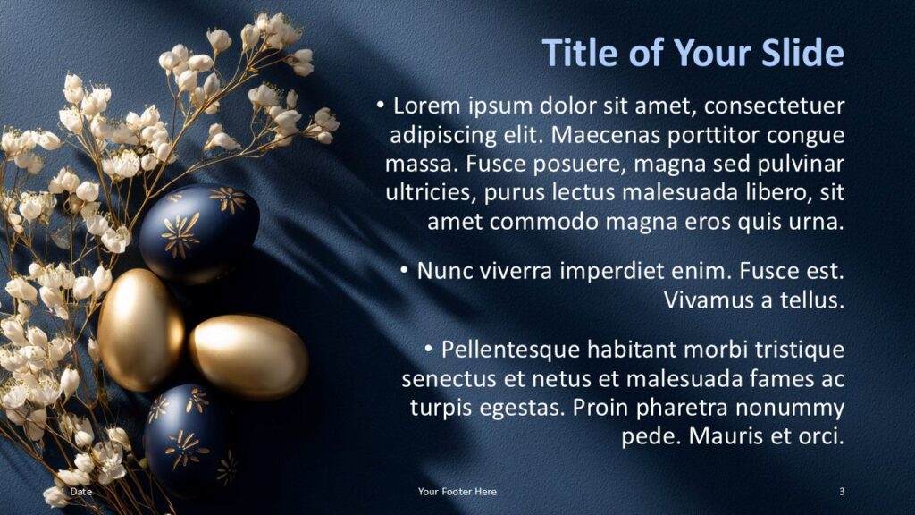 Midnight Easter Luxury Layout PowerPoint Google Slides Midnight Easter luxury content slide for PowerPoint and Google Slides with right text layout, refined navy tones, and gold design accents