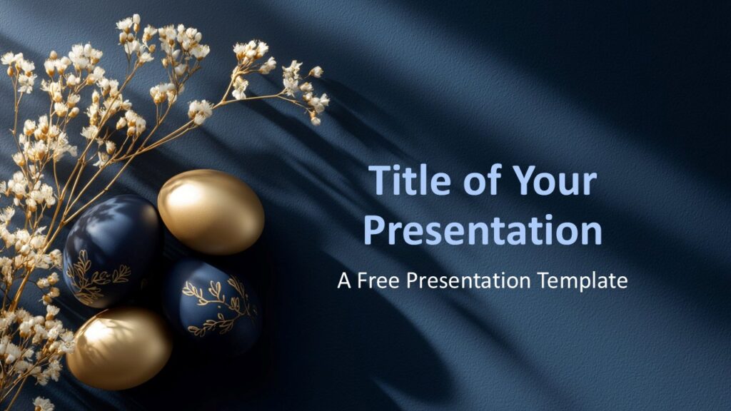 Midnight Easter Luxury Cover PowerPoint Google Slides Midnight Easter luxury cover slide for PowerPoint and Google Slides featuring navy background, gold eggs, and floral decorative elements