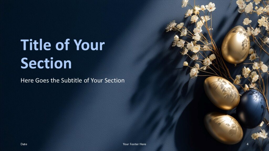 Midnight Easter Luxury Section PowerPoint Google Slides Midnight Easter luxury section divider for PowerPoint and Google Slides with left aligned title, navy background, and gold floral elements