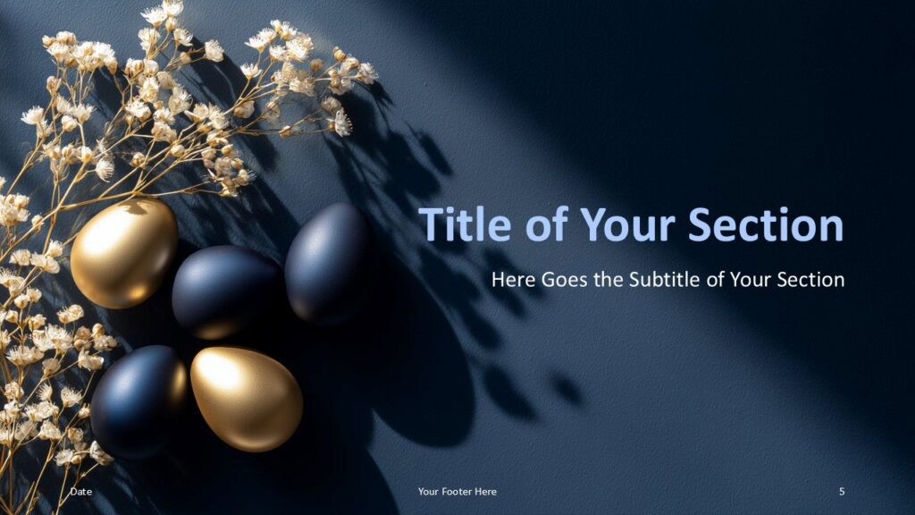 Midnight Easter Luxury Divider PowerPoint Google Slides Midnight Easter luxury section slide for PowerPoint and Google Slides with right aligned text, navy tones, and elegant gold accents