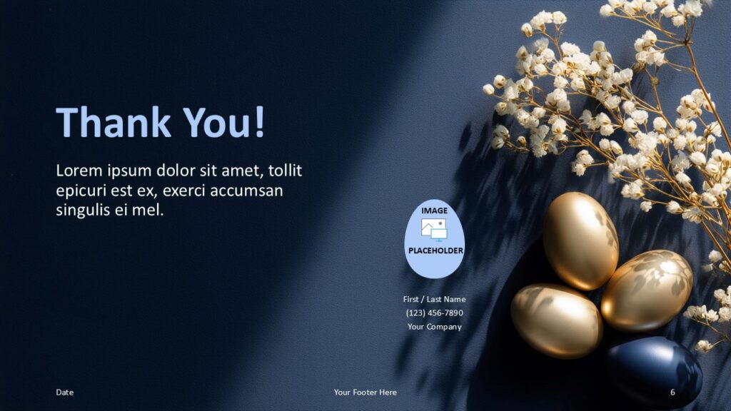 Midnight Easter Luxury Thank You PowerPoint Google Slides Midnight Easter luxury thank you slide for PowerPoint and Google Slides with contact layout, navy background, and gold decorative elements