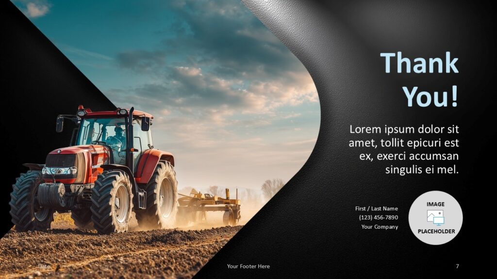 Modern Agriculture closing slide for PowerPoint and Google Slides with thank you text, contact details, and tractor image.