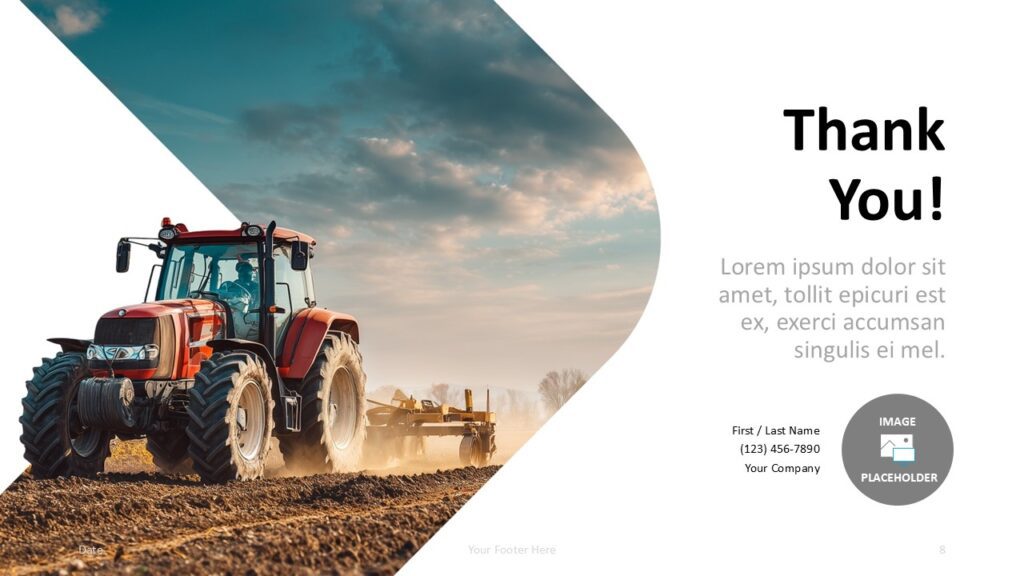 Modern Agriculture closing slide for PowerPoint and Google Slides with contact section, tractor photo, and clean layout.
