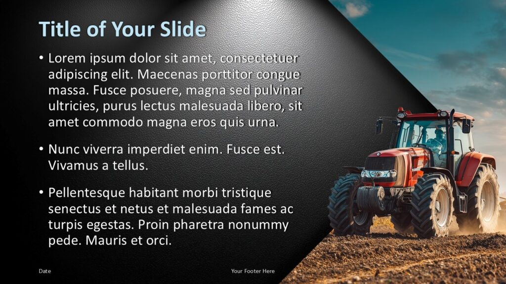 Modern Agriculture PowerPoint and Google Slides content slide with tractor image, bullet text area, and strong contrast.