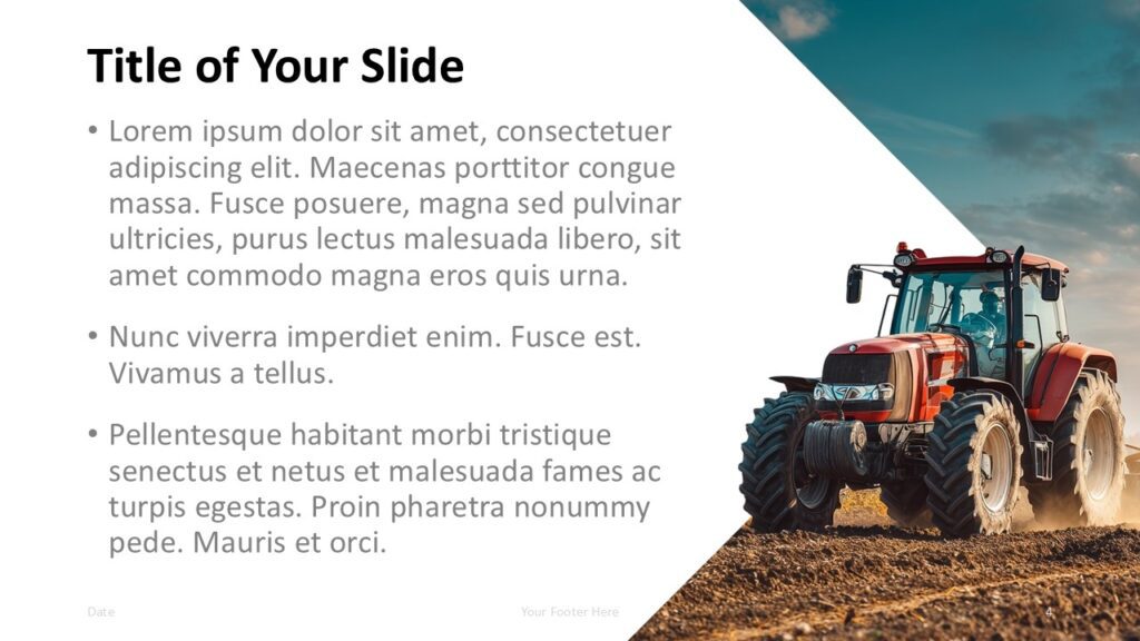 Modern Agriculture PowerPoint and Google Slides content slide with open layout, tractor image, and readable text blocks.