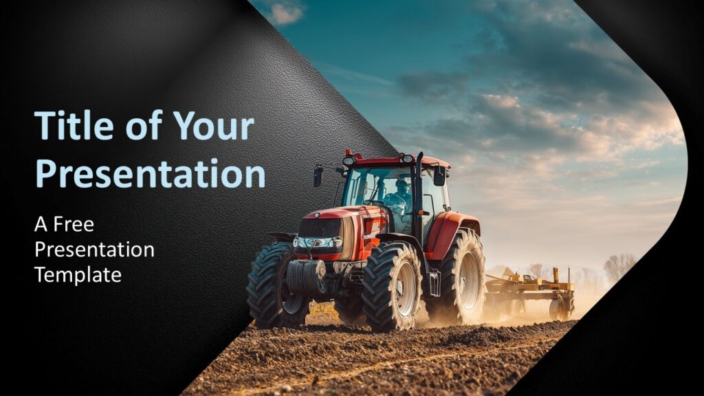 Modern Agriculture cover slide for PowerPoint and Google Slides with tractor photo, curved image crop, and bold title area.