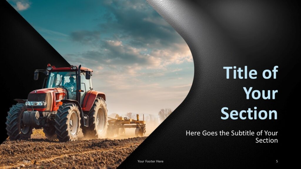 Modern Agriculture section divider for PowerPoint and Google Slides with large title, tractor image, and bold visual split.