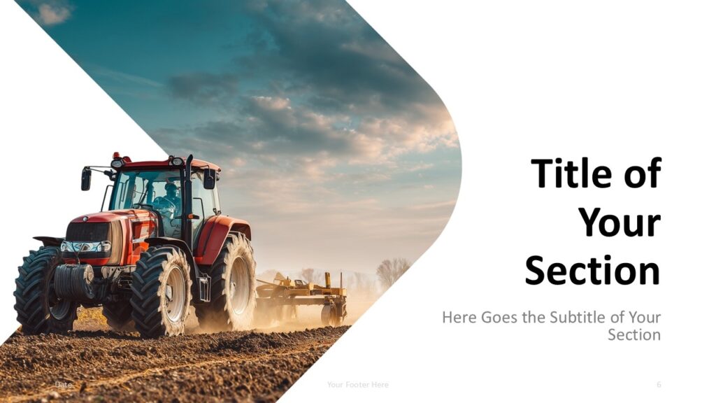 Modern Agriculture section divider for PowerPoint and Google Slides with clean title layout, tractor photo, and modern framing.