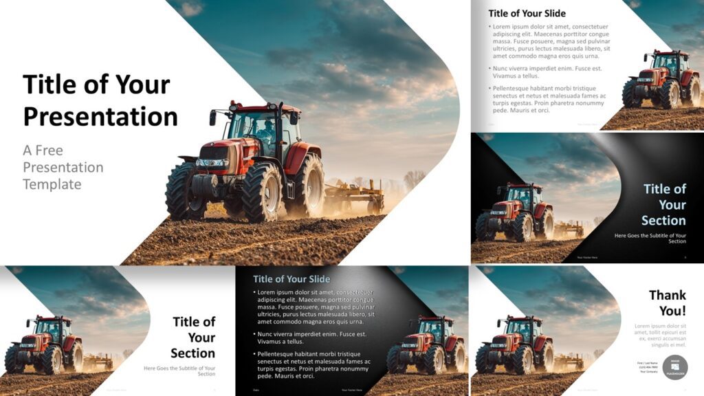 Modern Agriculture PowerPoint and Google Slides template showing all slide layouts with tractor visuals and clean design.
