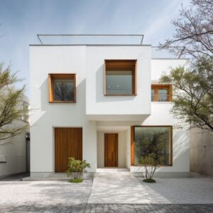 Modern white two-story house exterior with wood-framed windows and a clean minimalist residential design.