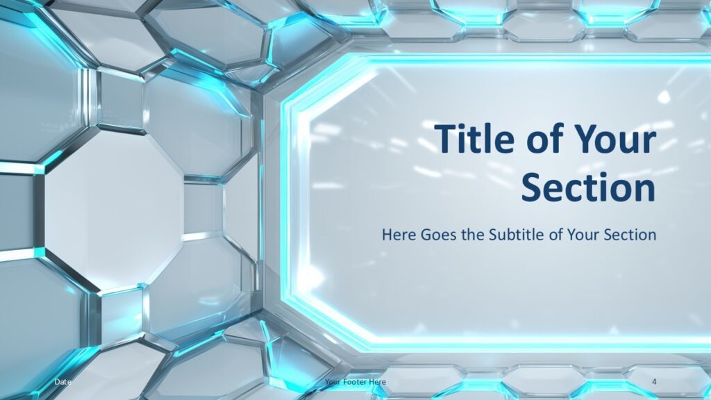 Neon Vault Section Divider PowerPoint Google Slides Neon Vault section divider slide for PowerPoint and Google Slides with bold hexagon frame, glowing edges, and strong visual transition layout