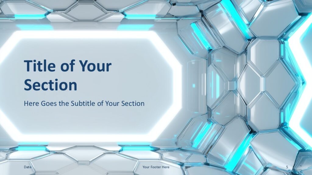 Neon Vault Section Slide PowerPoint Google Slides Neon Vault section slide for PowerPoint and Google Slides with dynamic hexagonal composition and futuristic neon interface design