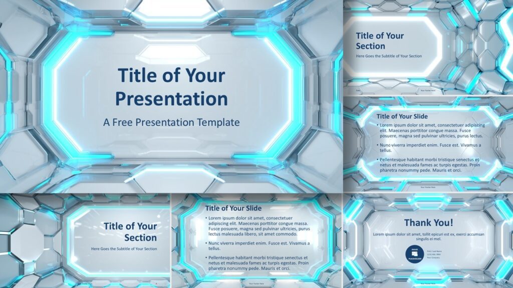 Neon Vault template for PowerPoint and Google Slides showcasing all slides with futuristic hexagon design and glowing neon interface layout