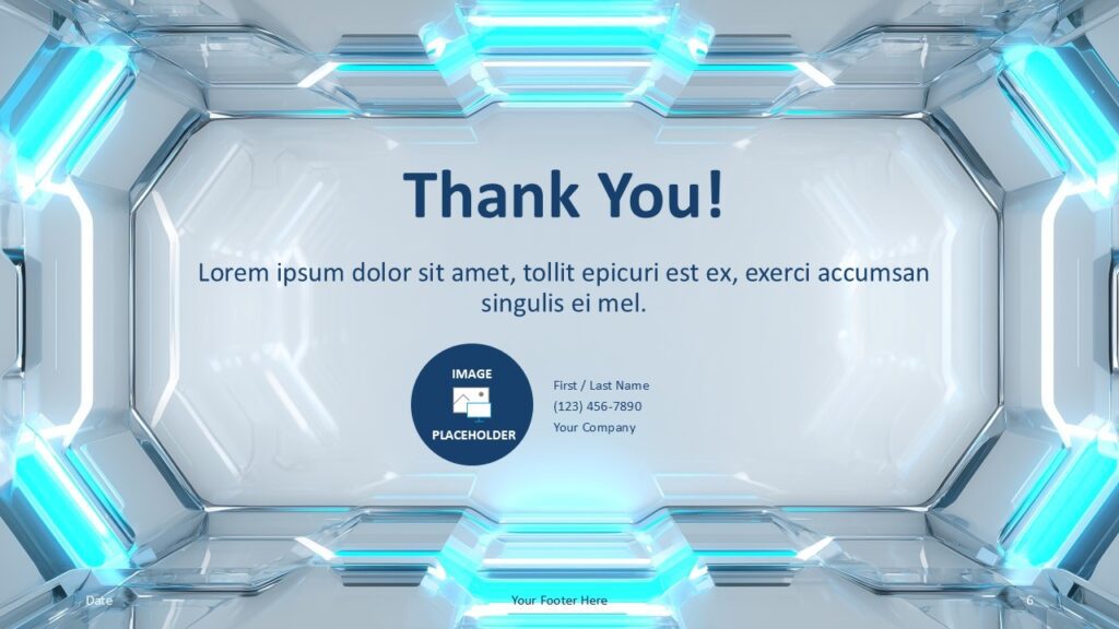 Neon Vault Thank You Slide PowerPoint Google Slides Neon Vault thank you slide for PowerPoint and Google Slides with contact layout, image placeholder, and glowing hexagon frame design
