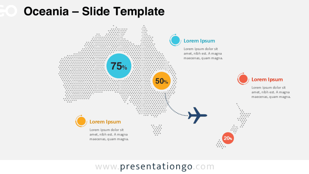 Oceania Dotted Map for PowerPoint and Google Slides Oceania dotted map infographic for PowerPoint and Google Slides showing Australia, New Zealand, and percentage callouts.