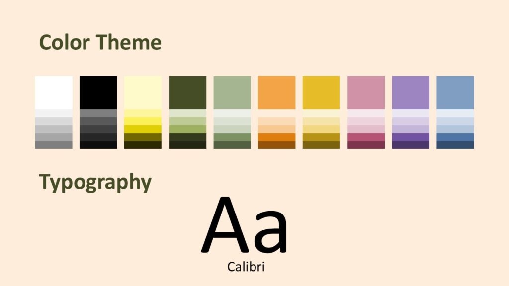 Olive Grove Colors Fonts Template PowerPoint Google Slides Olive Grove color palette and typography slide for PowerPoint and Google Slides showing fonts, colors, and design consistency.