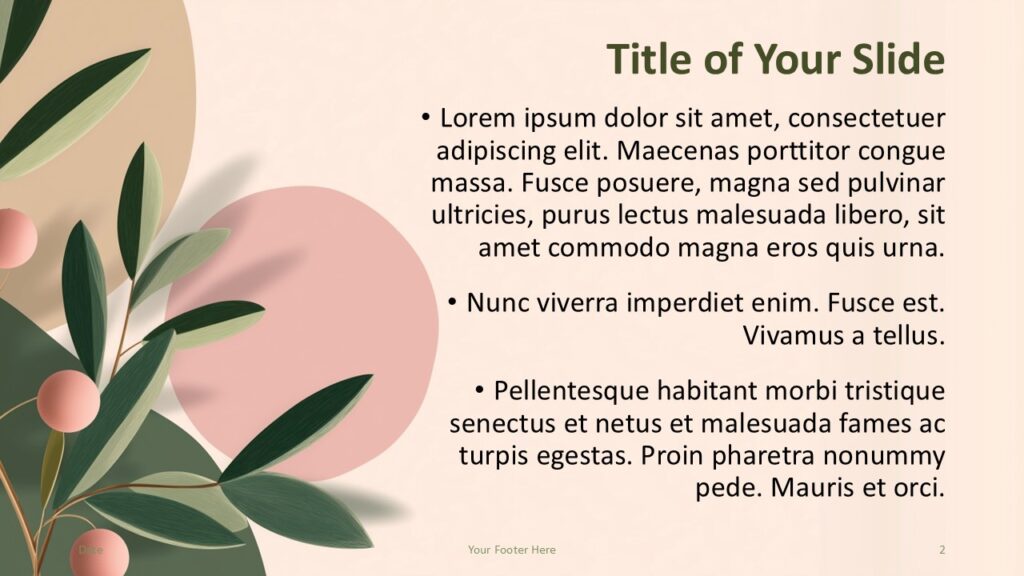 Olive Grove Content Template PowerPoint Google Slides Olive Grove content slide for PowerPoint and Google Slides with text layout, botanical elements, and clean structured design.