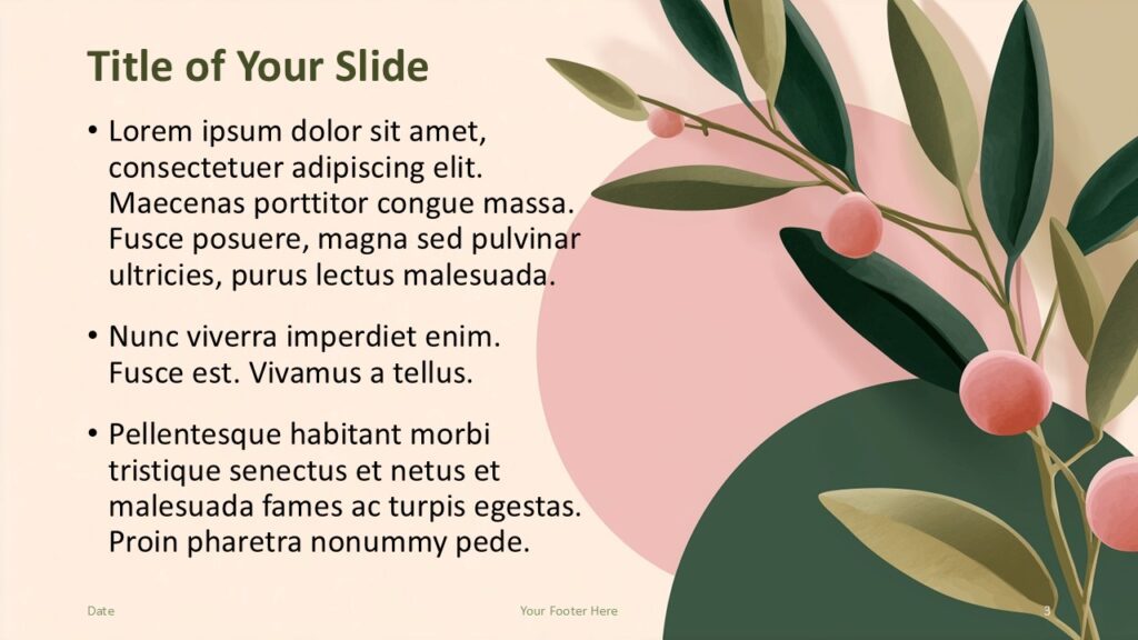 Olive Grove Content Layout Template PowerPoint Google Slides Olive Grove alternative content slide for PowerPoint and Google Slides with balanced layout and botanical visual elements.