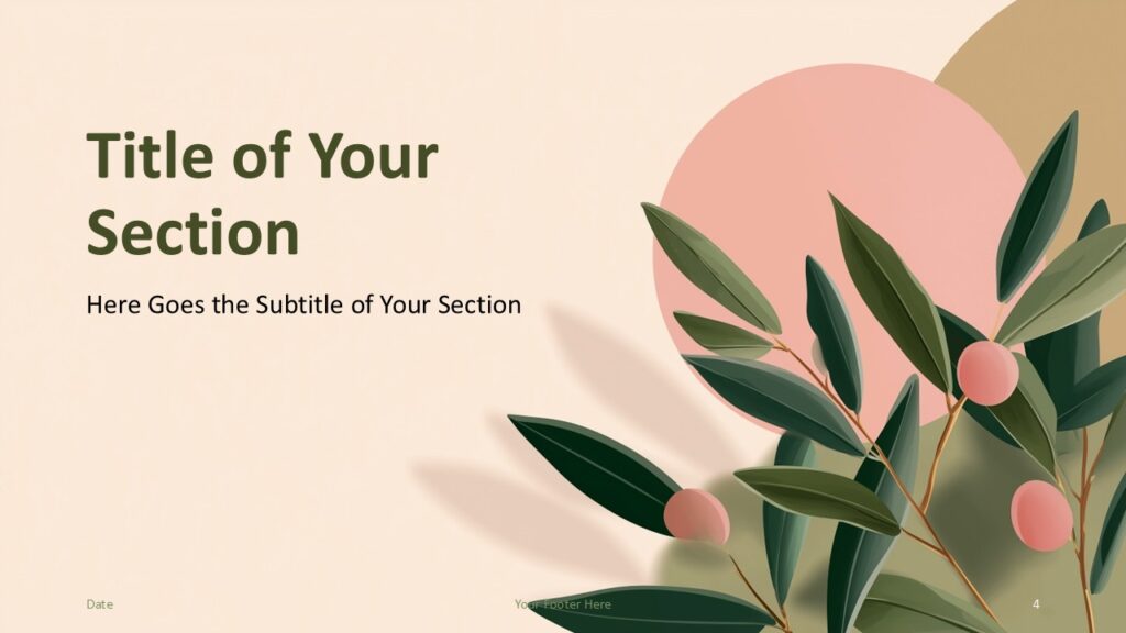 Olive Grove Section Template PowerPoint Google Slides Olive Grove section divider slide for PowerPoint and Google Slides with minimalist title, botanical graphics, and soft colors.