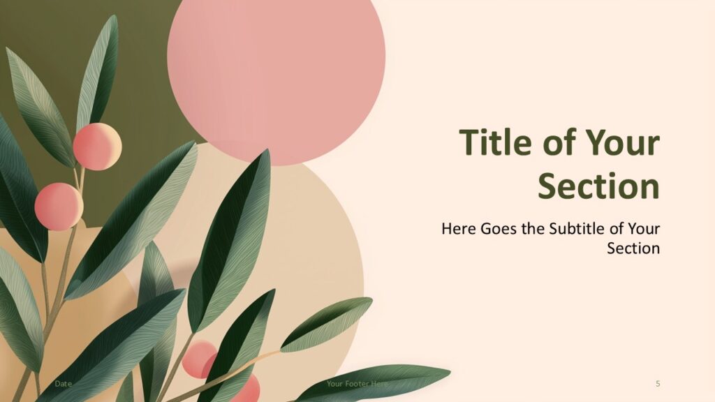Olive Grove Section Slide Template PowerPoint Google Slides Olive Grove section slide for PowerPoint and Google Slides with layered shapes, botanical design, and modern visual balance.