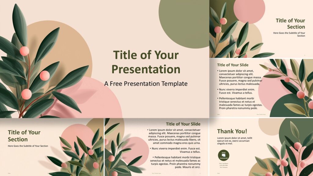 Olive Grove presentation template for PowerPoint and Google Slides with botanical design, soft colors, and elegant layouts.