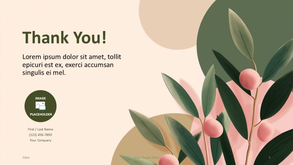 Olive Grove Thank You Template PowerPoint Google Slides Olive Grove thank you slide for PowerPoint and Google Slides with contact details, image placeholder, and botanical elements.
