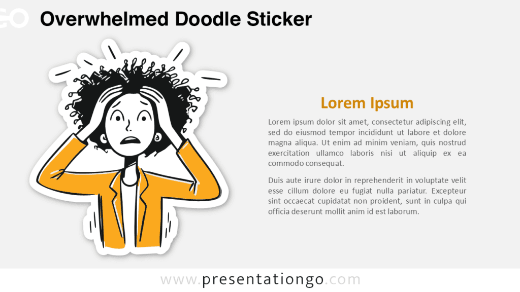 Overwhelmed Doodle Sticker for PowerPoint & Google Slides Overwhelmed Doodle Sticker for PowerPoint and Google Slides showing a stressed character for workload and burnout slides.