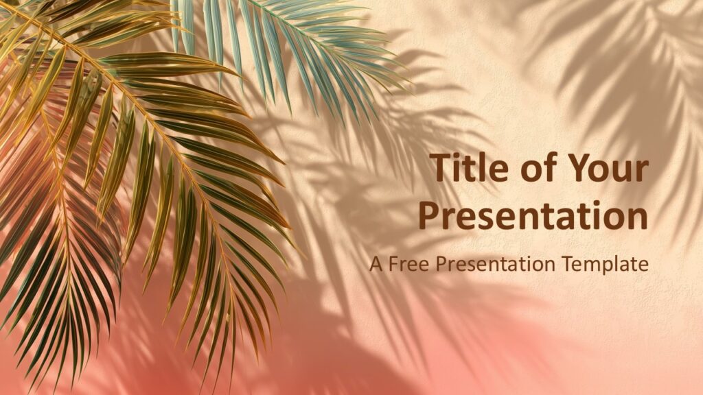 Palm Shadows cover slide template for PowerPoint and Google Slides with tropical palm leaves, soft shadows, and warm botanical tones.