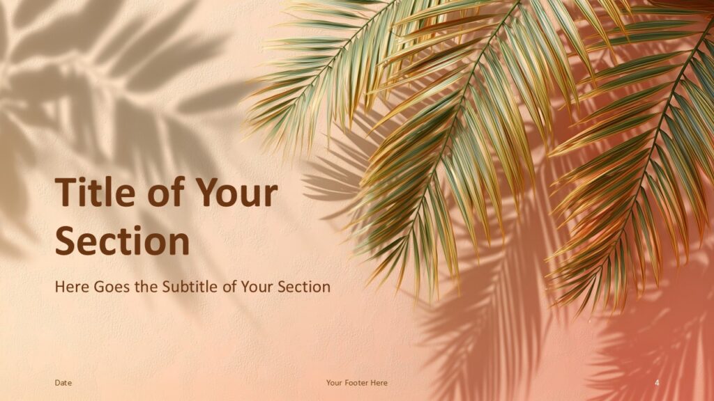 Palm Shadows section divider template for PowerPoint and Google Slides with bold headings and elegant tropical framing for transitions.