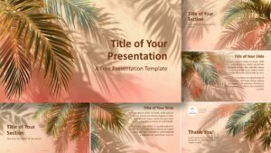 Palm Shadows presentation template for PowerPoint and Google Slides showing all slide designs with a warm tropical style.