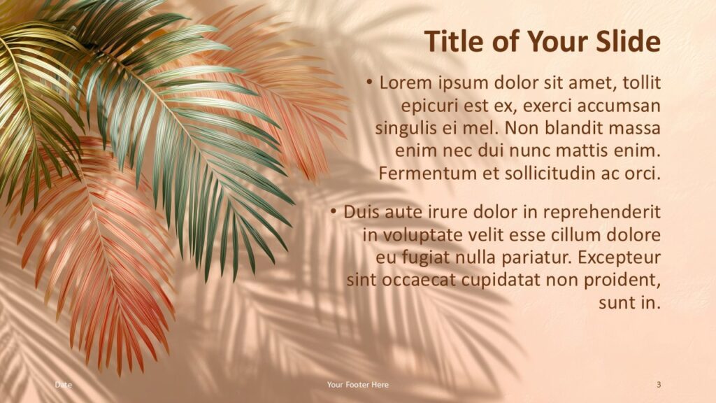 Palm Shadows alternate content slide for PowerPoint and Google Slides with balanced text layout and tropical accents for presentations.