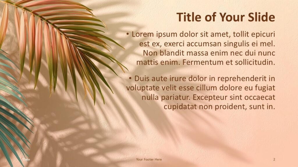 Palm Shadows title and content slide for PowerPoint and Google Slides with clean text space and tropical leaf details for clear messaging.