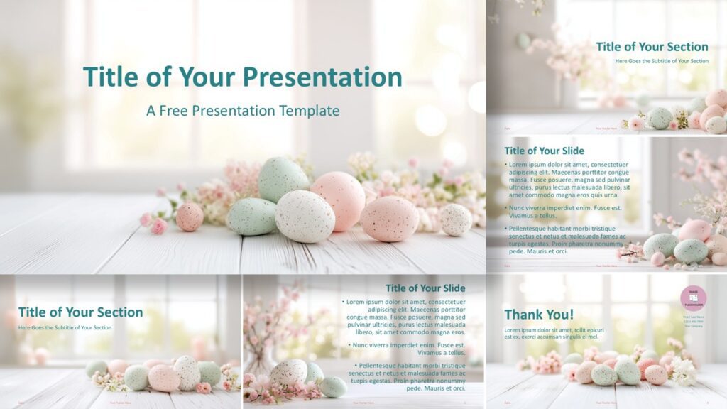 Pastel Eggs Blossoms template for PowerPoint and Google Slides featuring soft pastel colors, floral accents, and elegant slide layouts.