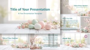 Pastel Eggs Blossoms template for PowerPoint and Google Slides featuring soft pastel colors, floral accents, and elegant slide layouts.