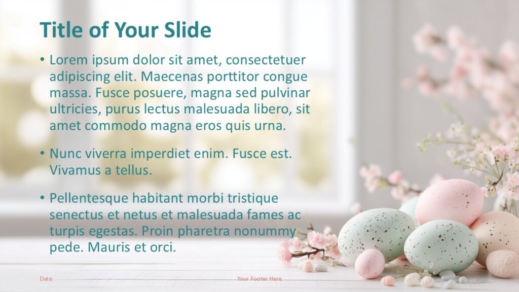 Pastel Eggs Content Slide PowerPoint Google Slides Pastel Eggs Blossoms content slide for PowerPoint and Google Slides with left aligned text, pastel eggs visuals, and floral accents.